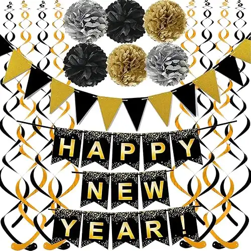 Happy New Year Set Black and Gold Banner