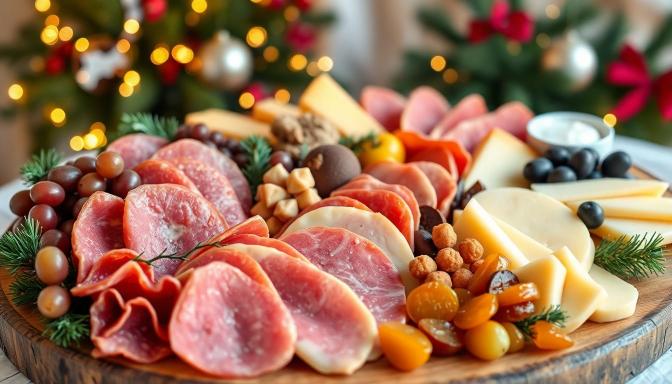 Christmas charcuterie board with meat, cheese, and fruit