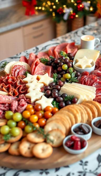 Christmas charcuterie with delicious sweets and creatively cut cheeses