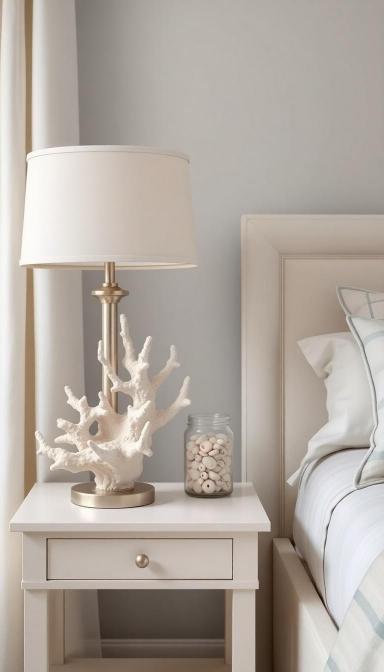 Tasteful coastal decorative accents on a night stand in a coastal bedroom