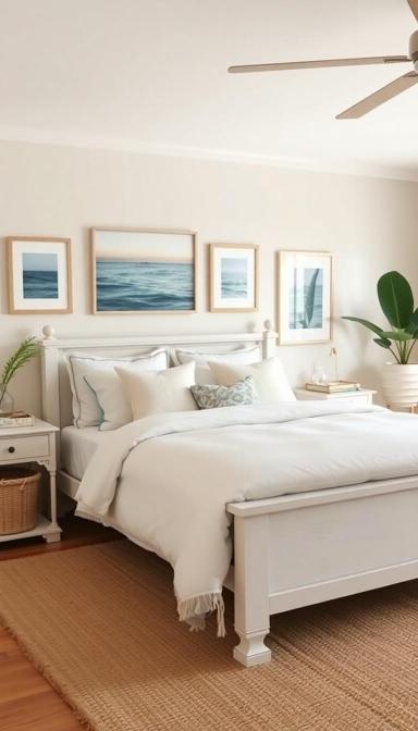 Coastal bedroom with art gallery over headboard