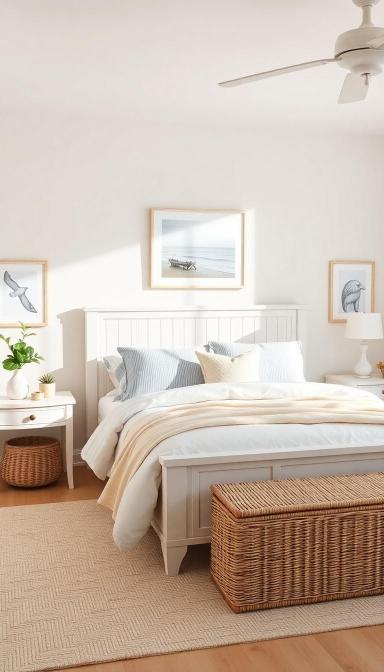 Coastal blue and white bedroom. Beachy vibes with rattan storage solutions