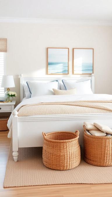 Coastal blue and white bedroom with woven accents and large storage baskets