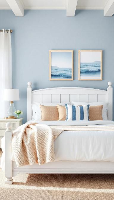 Coastal blue and bedroom with seaside art