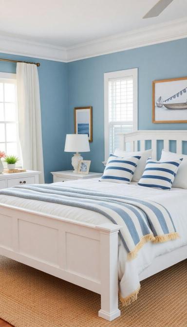 Blue bedroom with white furniture and striped accents