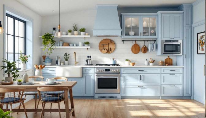 Coastal kitchen with blue cabinets