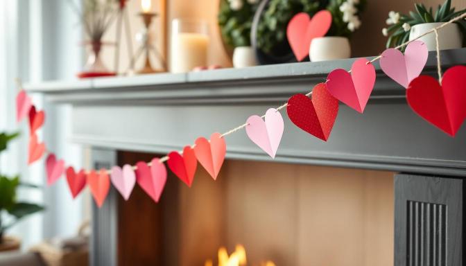 valentine's day garland above a fireplace