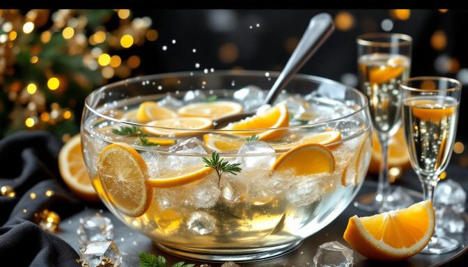 Champagne punch in a bowl with lemon and orange slices floating on top