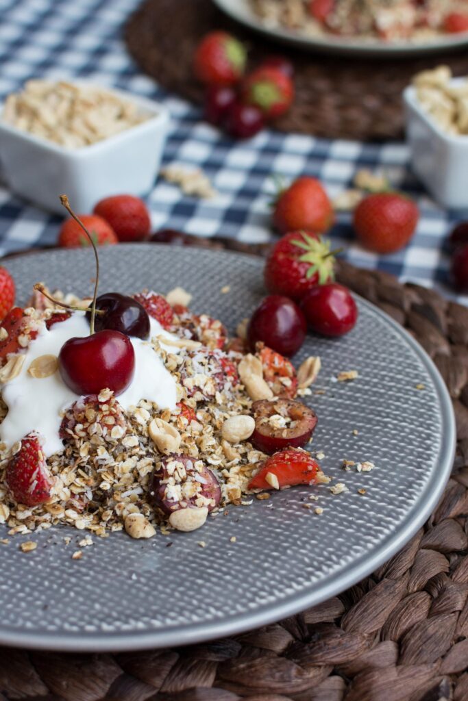 Healthy snack, yogurt, granola, and nuts