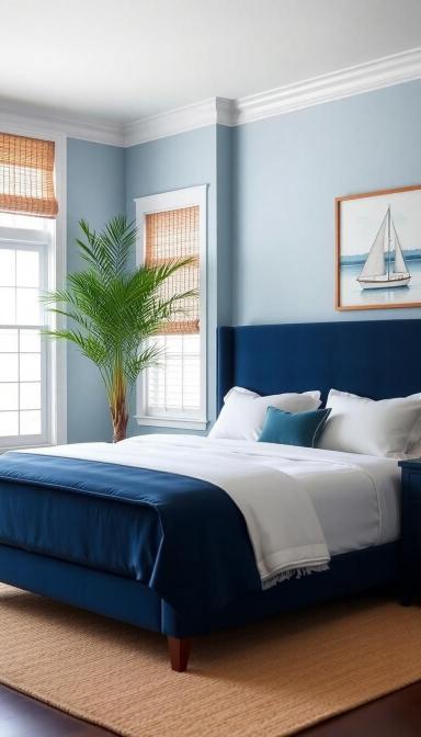 Coastal blue and white bedroom, soft blue walls and crisp white linens, navy blue bed