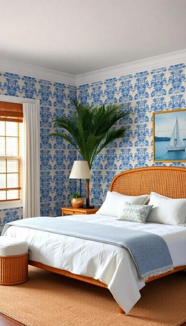 Coastal bedroom with statement rattan headboard. Blue and white wallpaper