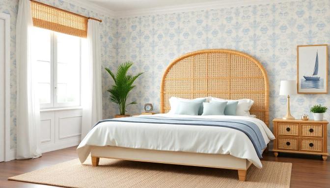 Coastal bedroom with rattan statement headboard. Blue and white wallpaper