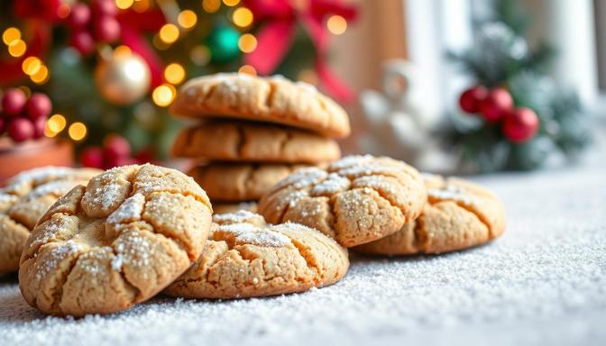 Peanut butter snickerdoodle cookies on a platter coated in powdered sugar in a Christmas setting