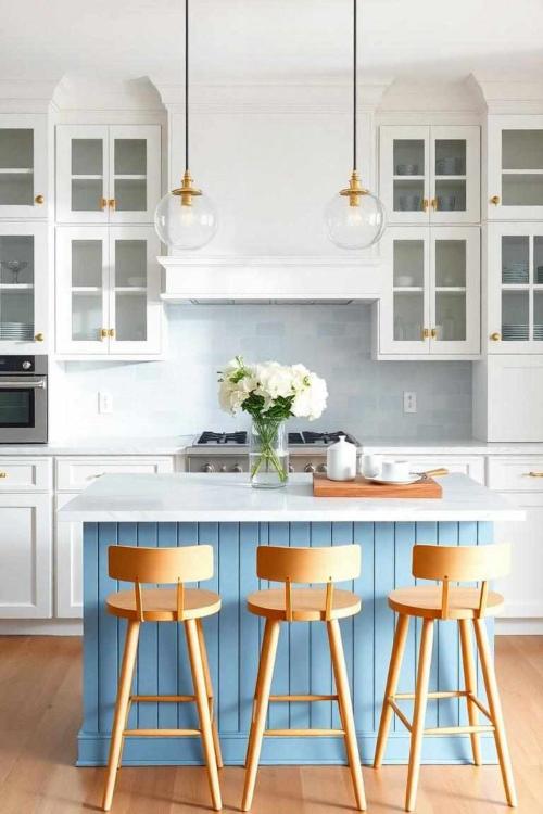 pendant light in coastal kitchen, blue island