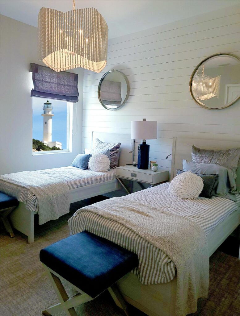 Coastal seaside bedroom with 2 twin beds and natural elements