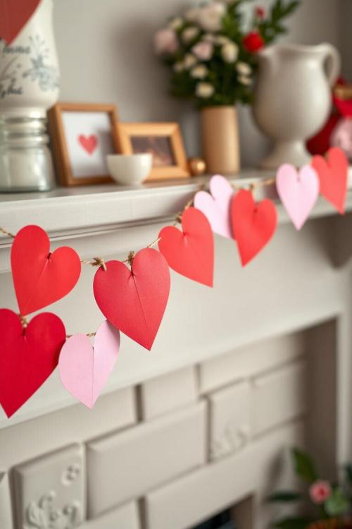 pink and red paper heart garland hanging on a fireplace