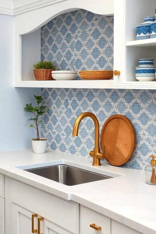 blue and white wallpaper backsplash