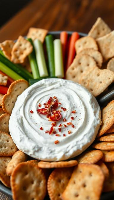 whipped feta dip with crackers and veggies