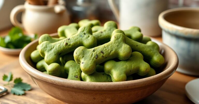 A pile of fun, bone-shaped dog treats on a kitchen table.