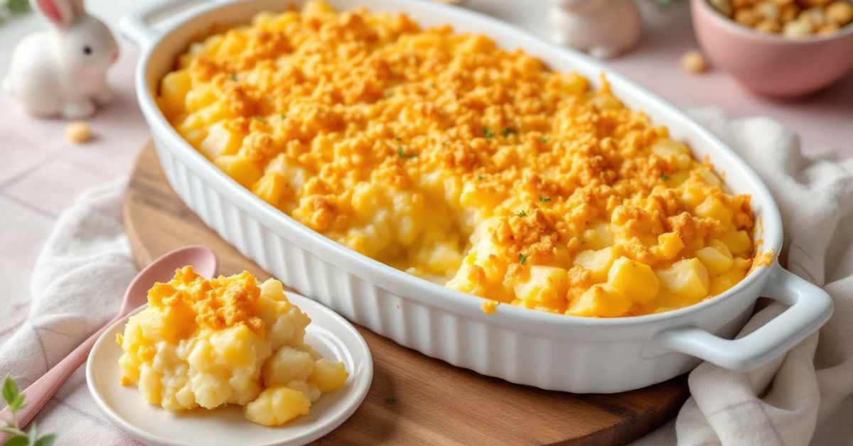 Creamy, cheesy potato casserole topped with golden breadcrumbs.