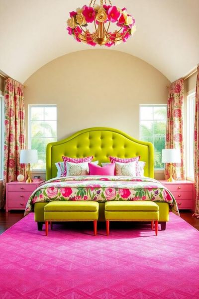 Bright and cheerful bedroom with a vibrant green headboard and floral accents.