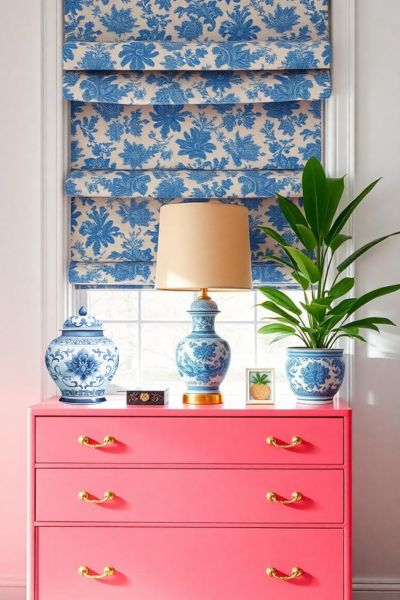 Charming blue and white vases complement the decor beautifully.