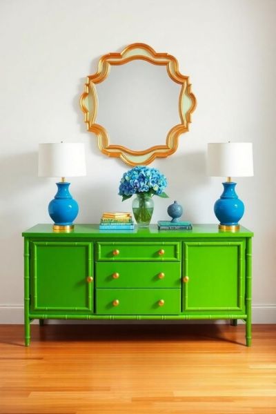 A bright green sideboard adds a pop of color to the room.