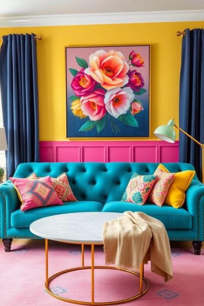 A cheerful space accented by a vibrant floral painting above the couch.