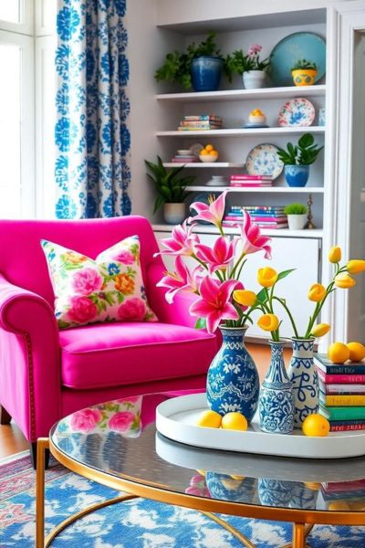 Bright pink sofa with floral pillows adds a pop of color to the room.