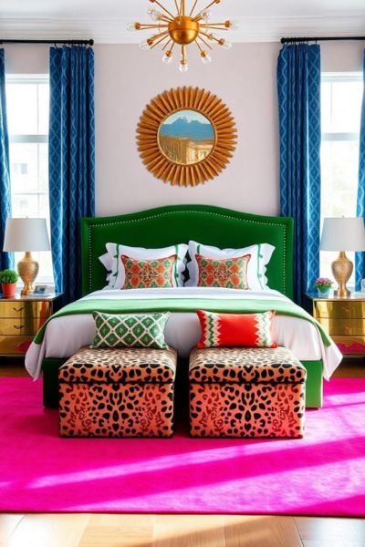 Bright green headboard pops against a soft pink rug in this cozy bedroom.