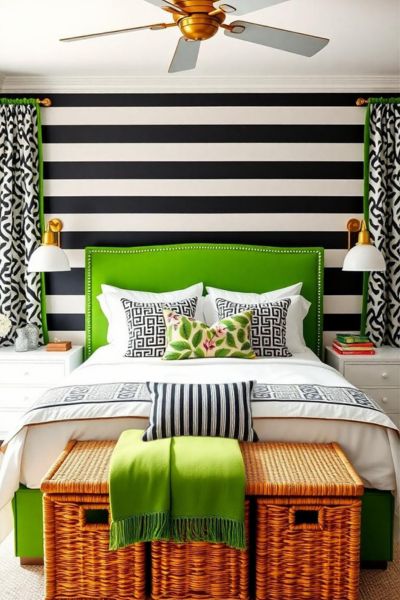 A vibrant green bed adds a pop of color to this stylish bedroom.