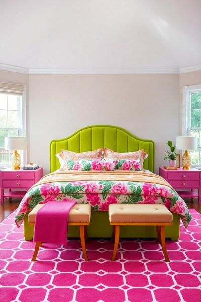 A bright green upholstered headboard adds a pop of color to this cozy bedroom.