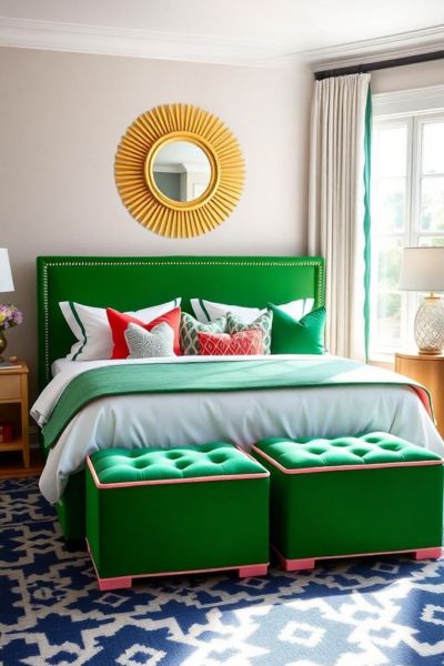 Cozy green bedroom with a stylish headboard and bright accents.