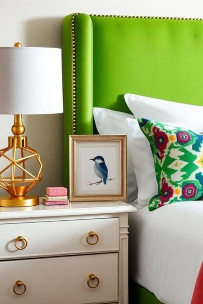 A vibrant green headboard adds a fun pop of color to the bedroom.