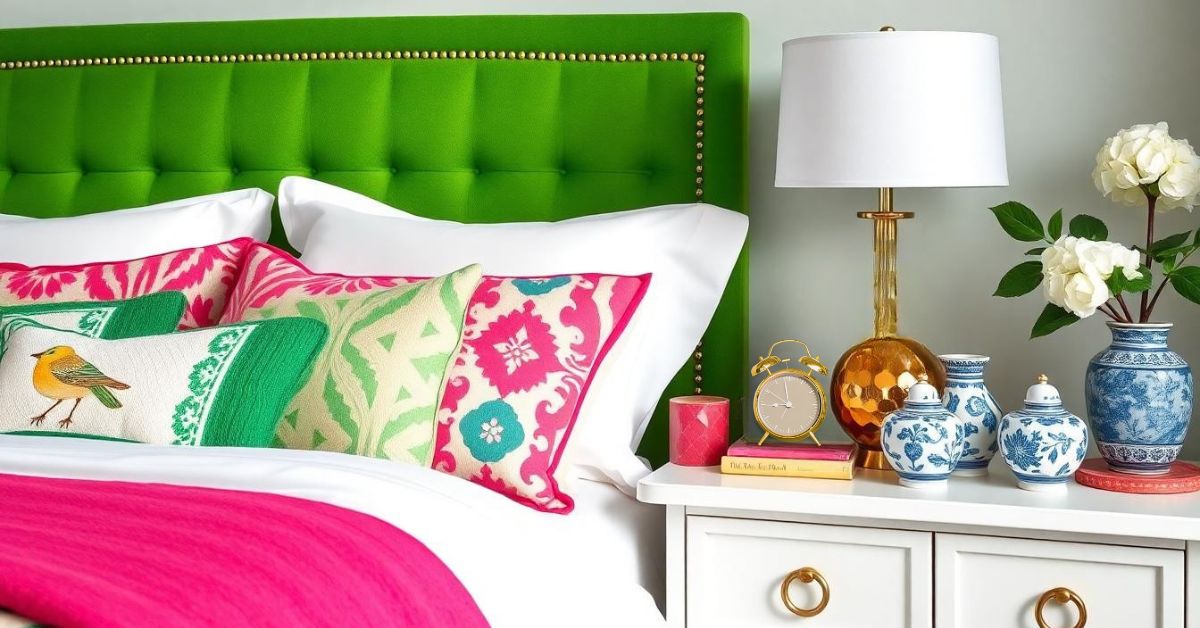 Bright green headboard adds a pop of fun to this cozy bedroom.