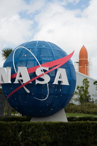 Iconic NASA sign welcoming visitors to the Kennedy Space Center.