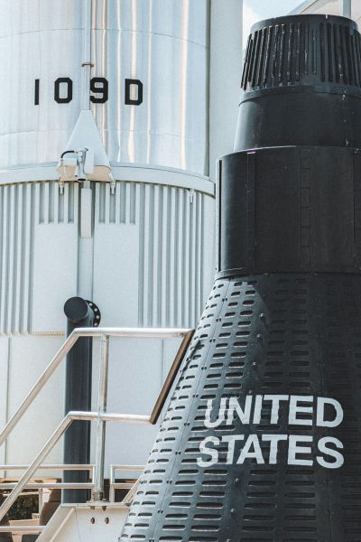 A close-up of a United States spacecraft and its distinctive features.