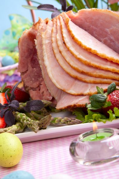 Holiday Ham surrounded by fruit