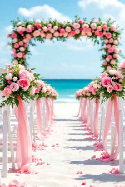 beach wedding altar with pink florals