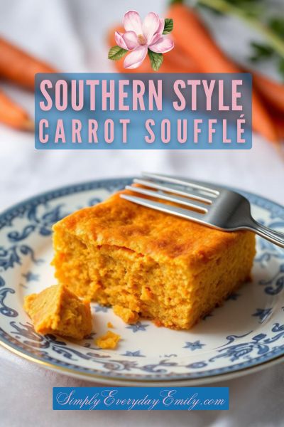 A delicious slice of Southern-style carrot soufflé on a blue floral plate.