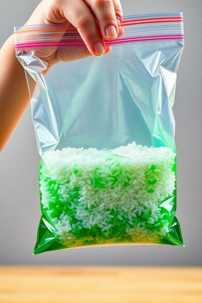 A hand holding a zip-top bag filled with green and white rice.