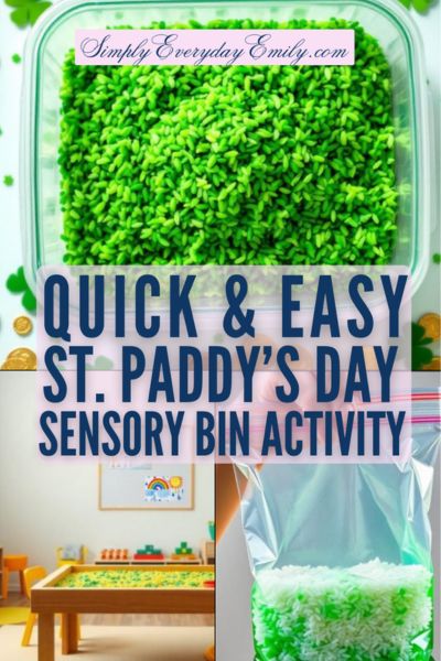 A colorful sensory bin filled with vibrant green rice for St. Patrick's Day fun.