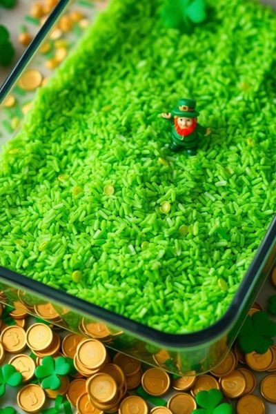 A playful leprechaun stands on bright green rice, surrounded by shiny gold coins.