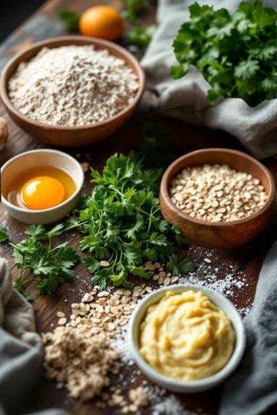 Bowls filled with flour, oats, and an egg for baking.