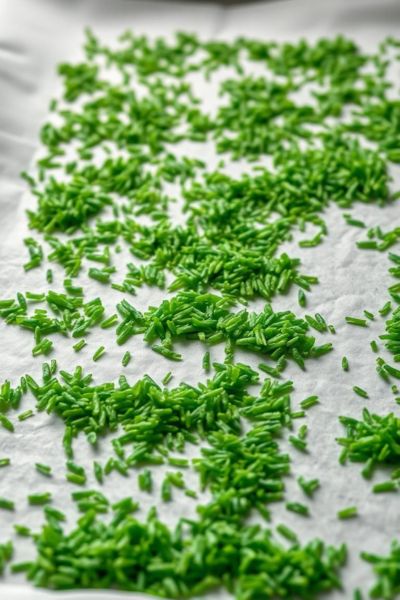 A vibrant spread of green rice sprinkles on parchment paper.