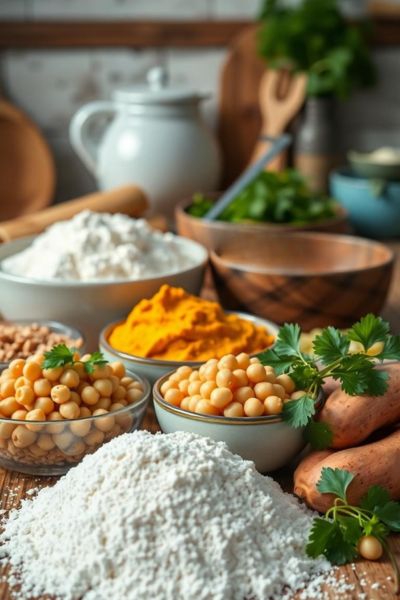 Bowls of chickpeas, sweet potatoes, and flour await delicious recipes.