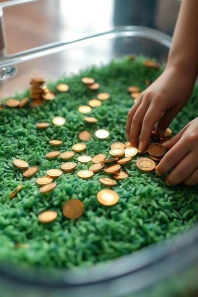 A child's hands sorting through shiny gold coins in a sensory play setup.