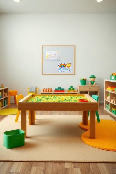 A wooden sensory table topped with green materials, inviting hands-on play.