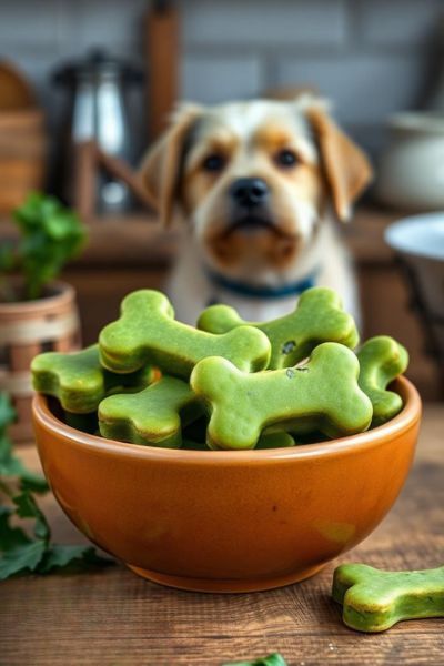 A playful pup looks on as delicious green dog treats sit in a bowl.