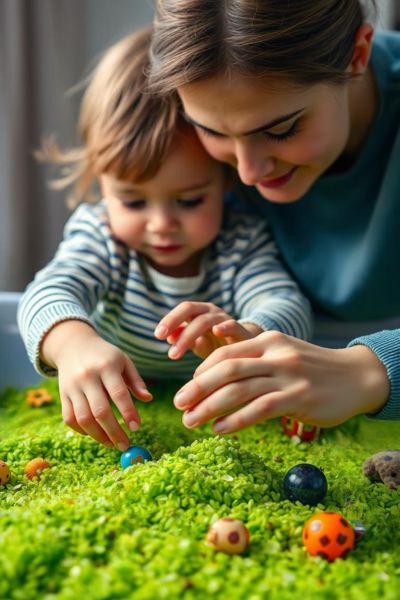 A mother and child playing together on vibrant green sensory rice